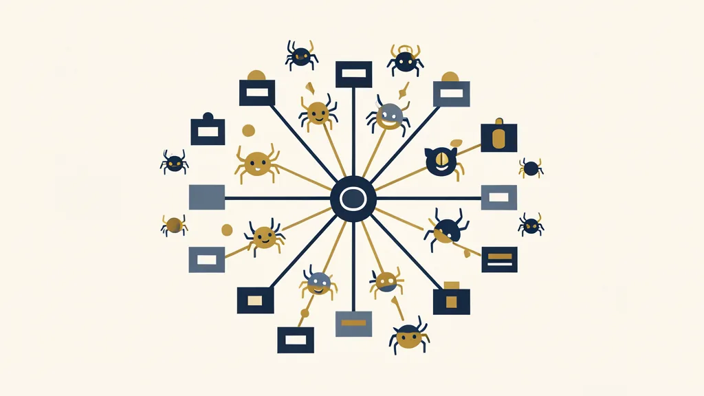Illustration of a central hub connected to a constellation of search engine nodes and crawler characters