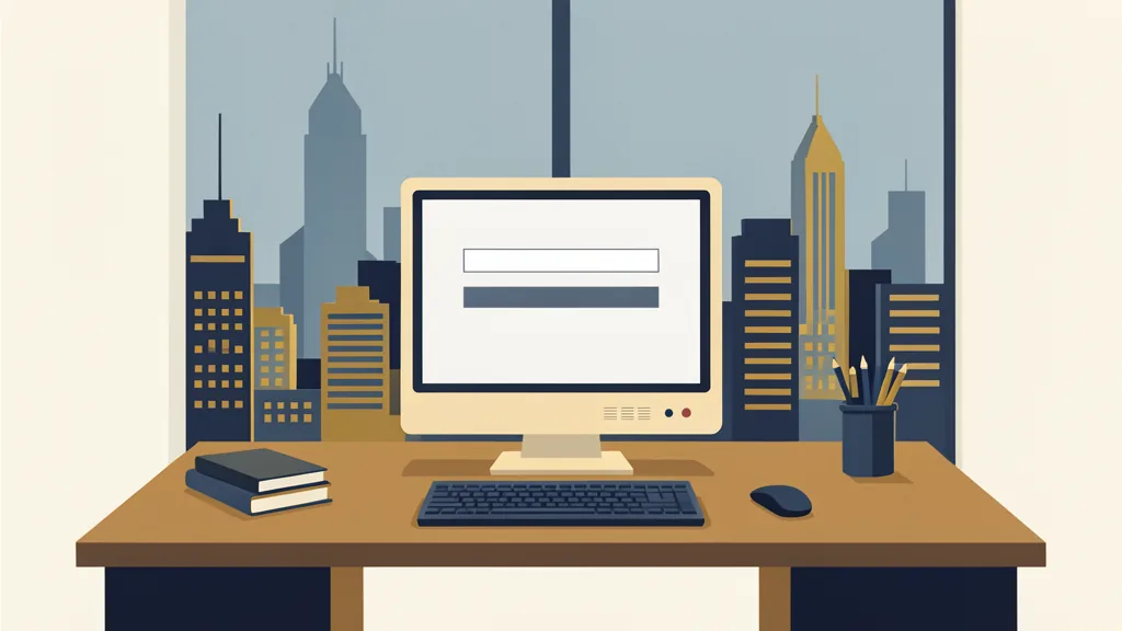 Illustration of an executive desk with a computer showing a search page and a city skyline