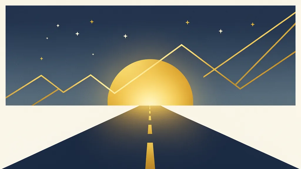 Illustration of a road leading to a bright gold horizon with rising graph lines