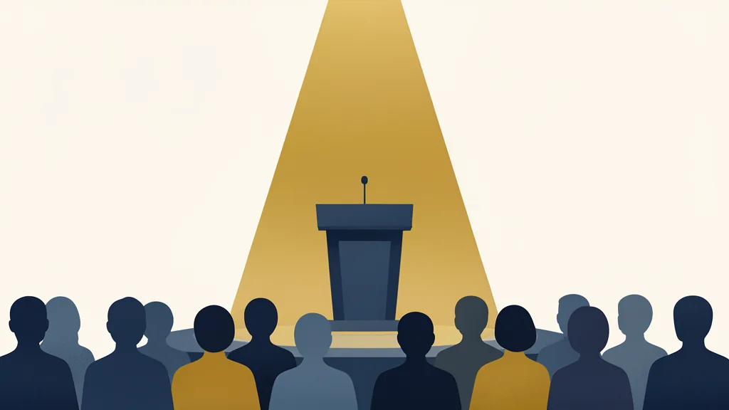 Illustration of a conference podium under a gold spotlight with audience silhouettes