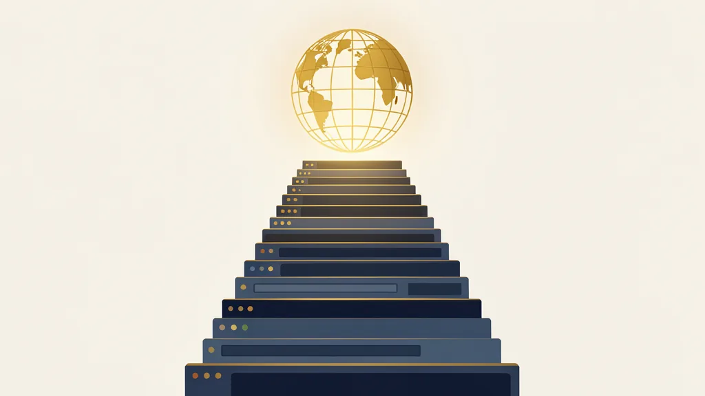 Illustration of a staircase of browser windows rising toward a golden globe