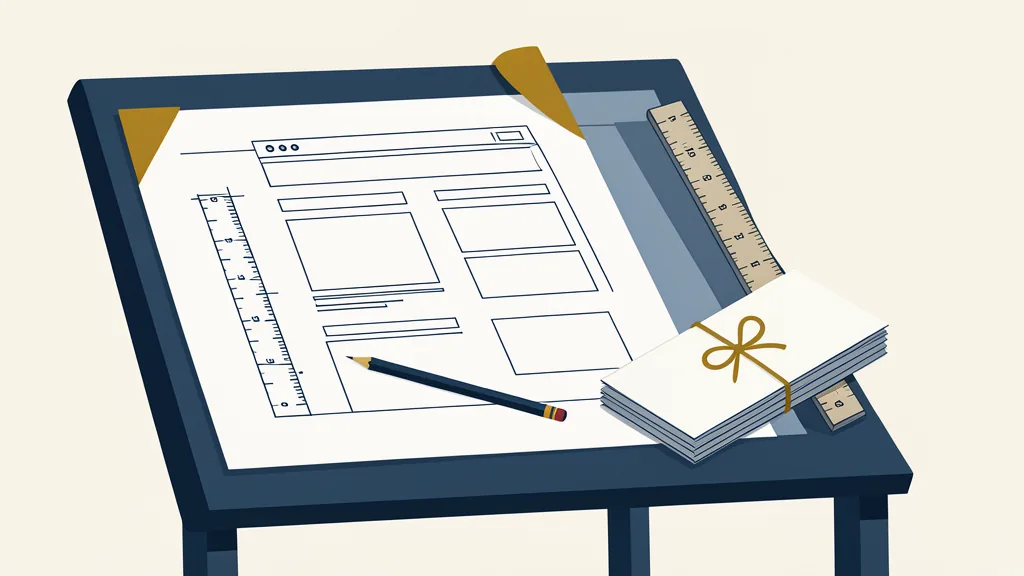 Illustration of a drafting table with website wireframe blueprints and a bundle of blank tickets